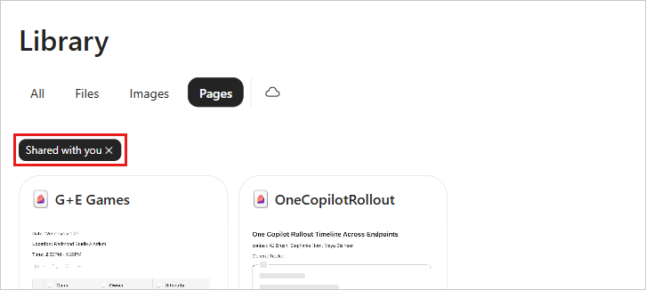 Copilot Library Pages tab filtered to show pages shared with you, indicated by the Shared with you filter chip.