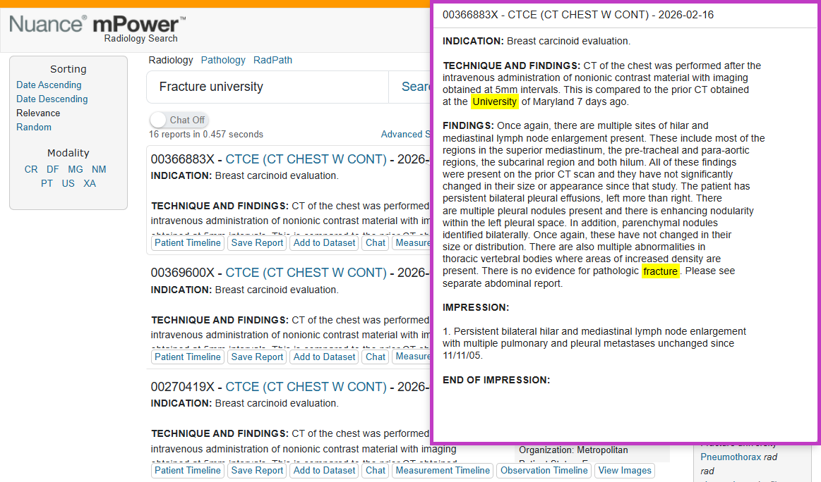 Screenshot of a report preview with search keywords highlighted in yellow within the report text.
