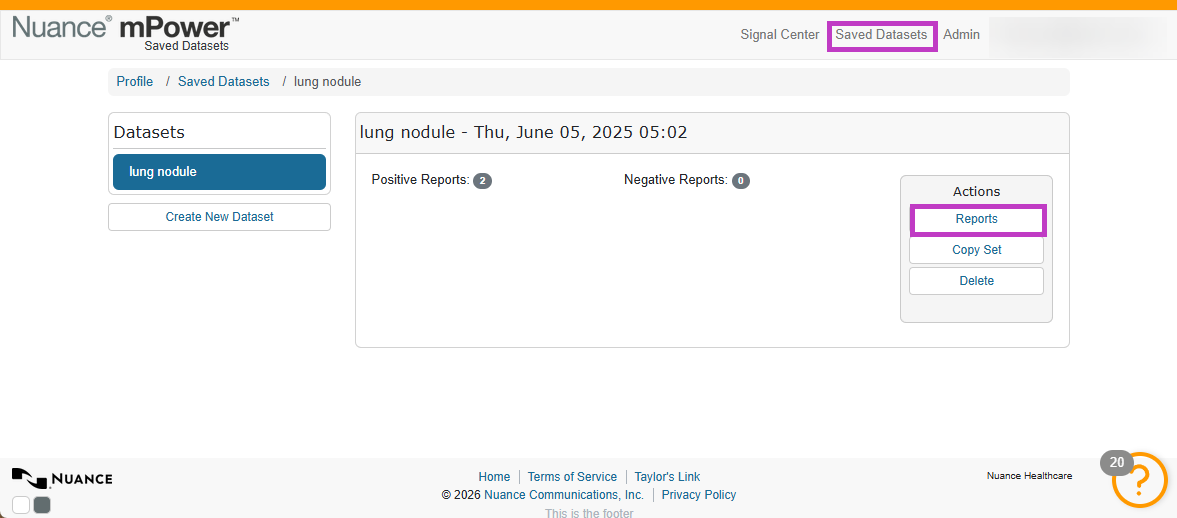 Screenshot of the mPower Saved Datasets page with the Saved Datasets tab and Reports action highlighted.