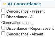 Screenshot of AI Concordance panel with checkboxes for Concordance Present, Discordance AI, Discordance Report absent, and Concordance Absent.