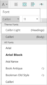 Font menu in Excel for Android