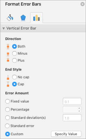 Format Error Bars pane with Custom selected