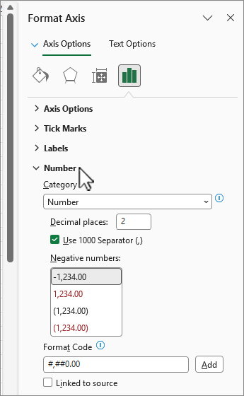 Number option in the Format Axis pane