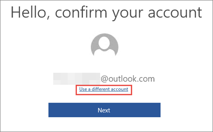 Shows the Use a different account link on the Confirm your account page