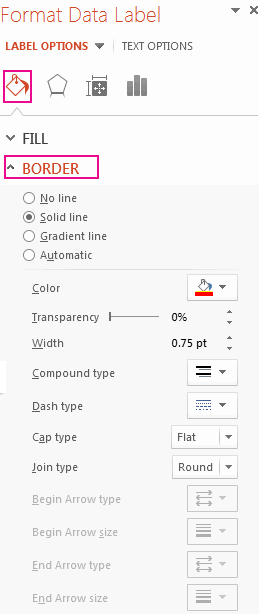 Fill and Line tab of Format Data Label task pane