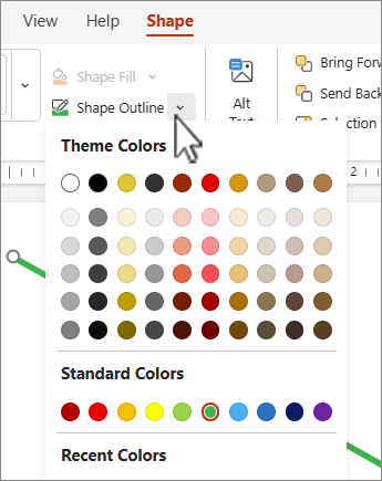 On the Shape tab, under Shape Outline, you can select a color to apply to the currently selected shape.