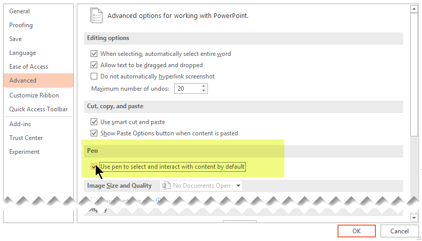 To turn off inking by default, select the Use pen to select and interact with content by default option.