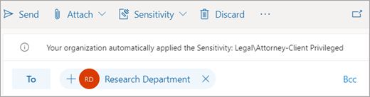 Screenshot of a tip about an automatically applied sensitivity label