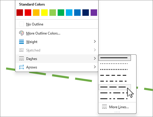 Screenshot Shape Outline showing Dashes selection.
