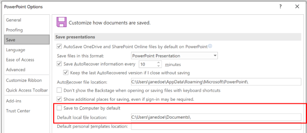 A screenshot of the PowerPoint Options dialog highlighting the section to customize the default location
