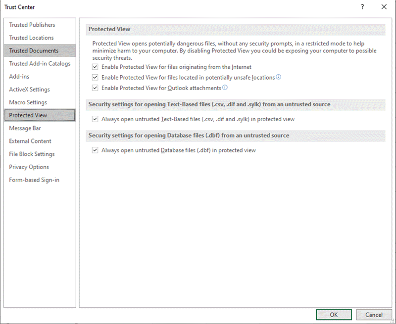 Trust Center Protected View settings