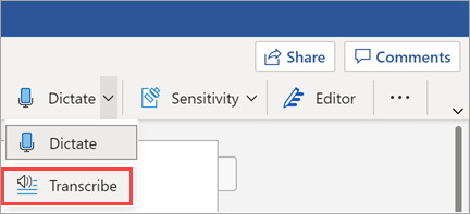 Shows Transcribe button in Word