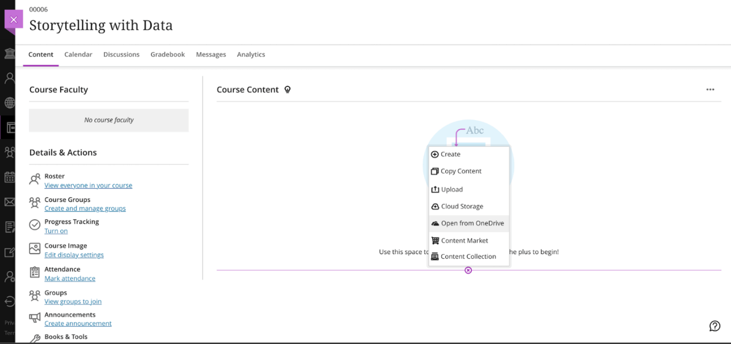 Screenshot of a Blackboard course content screen, highlight the plus symbol near the bottom of the screen.