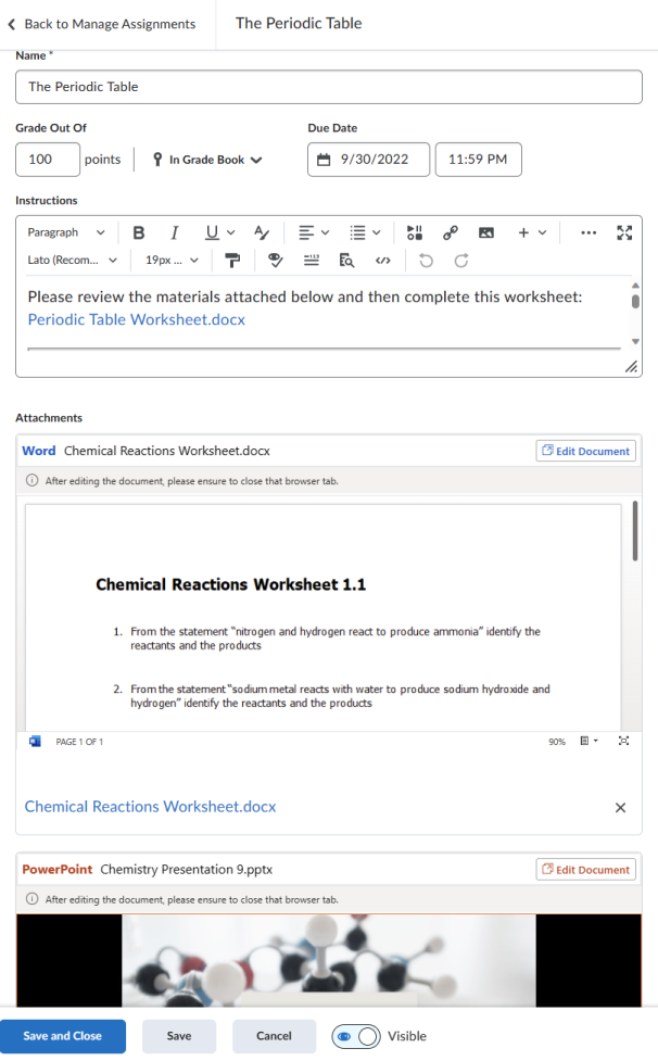 Brightspace assignment editor Attachments section showing an embedded OneDrive document