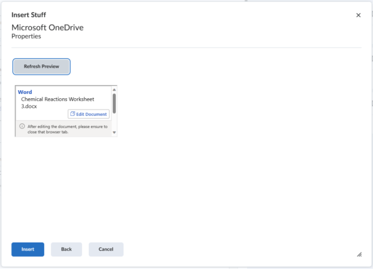 Insert Stuff preview dialog in Brightspace showing the selected OneDrive file before inserting