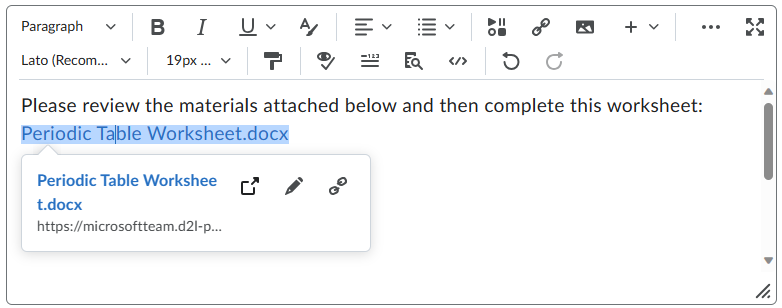 Embed a OneDrive file in the Brightspace Editor using the Quicklink button.