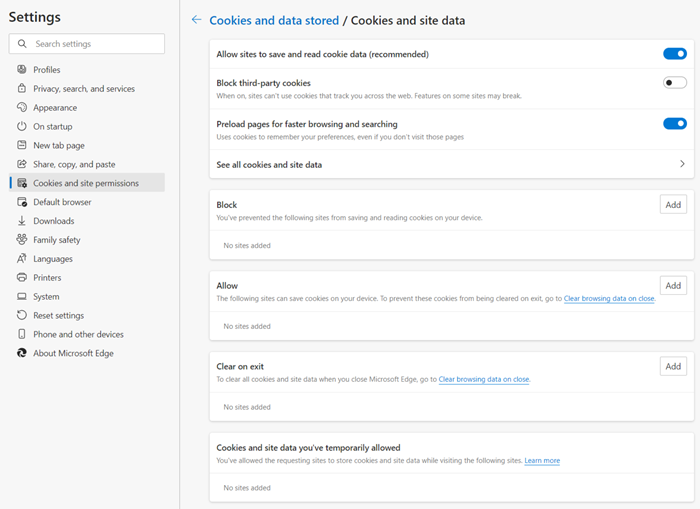 Microsoft Edge cookies and data