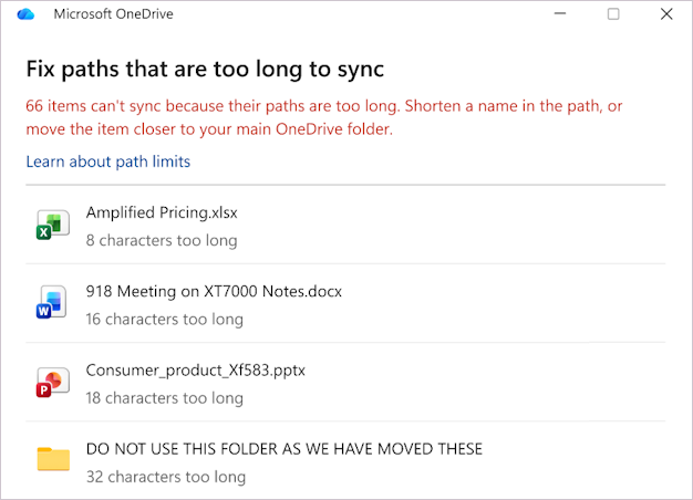 Screenshot showing the list of OneDrive file paths.