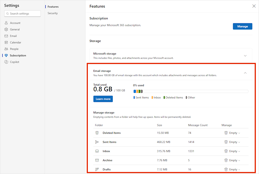 Storage menu for Outlook.com.