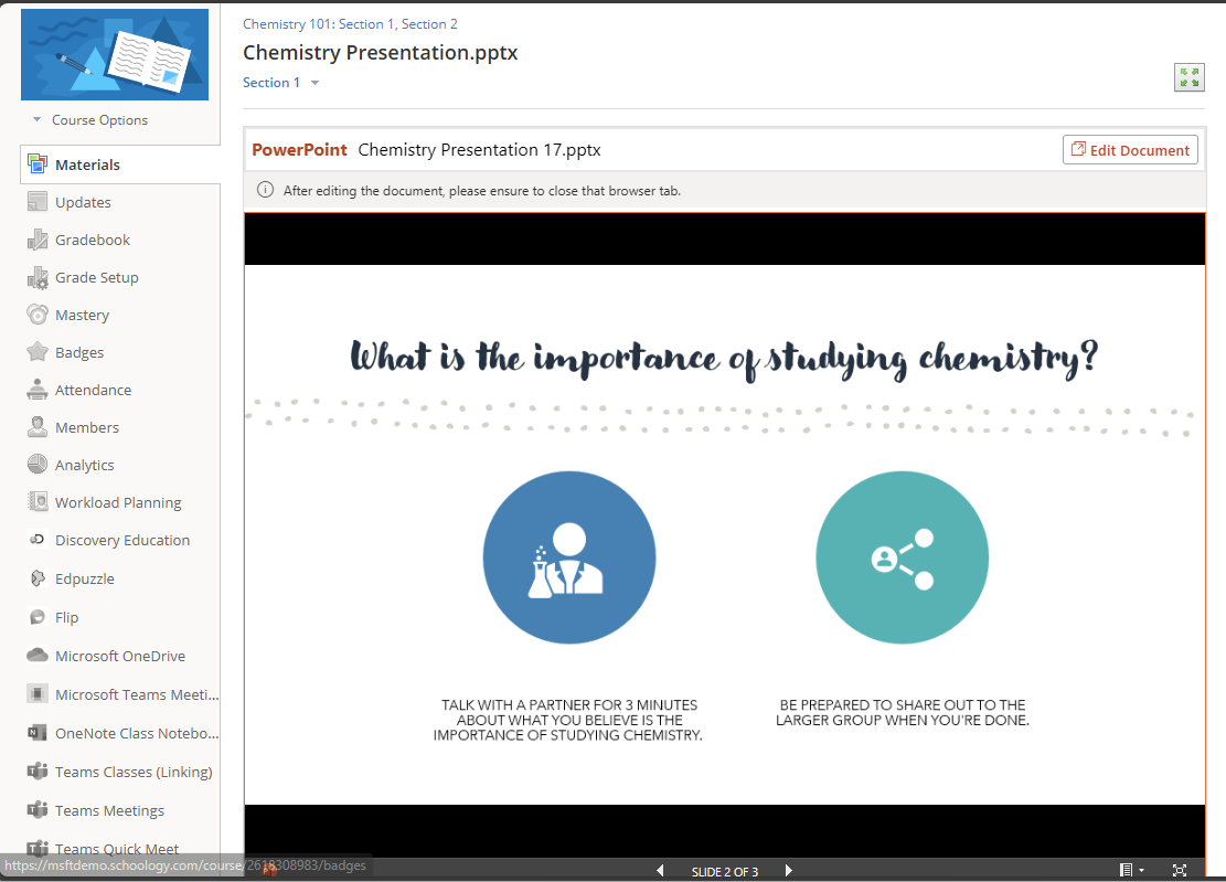 Schoology Course Materials list showing a newly added OneDrive document entry with its title