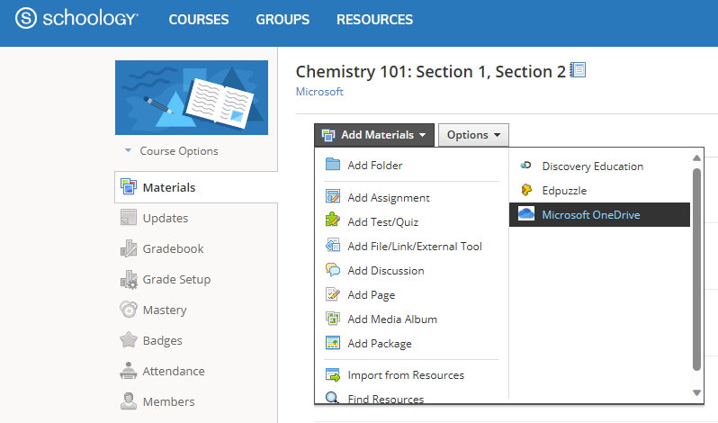 Schoology Course Materials Add Materials dropdown with the Microsoft OneDrive option highlighted