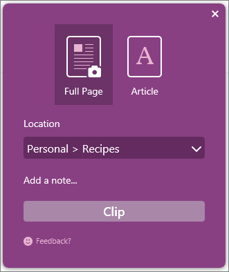 Screenshot of OneNote Clipper dialog box.
