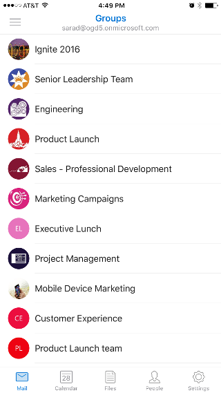 Shows the Groups screen, with a list of groups like Ignite 2016 and Senior Leadership Team.