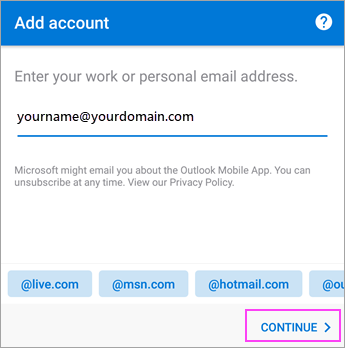 The screenshot shows the Add account windows and the Continue option.