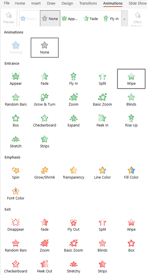 Screenshot of Animations available for PowerPoint for the web.
