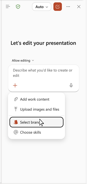 Screenshot that shows the Select brand option in the Copilot pane menu.