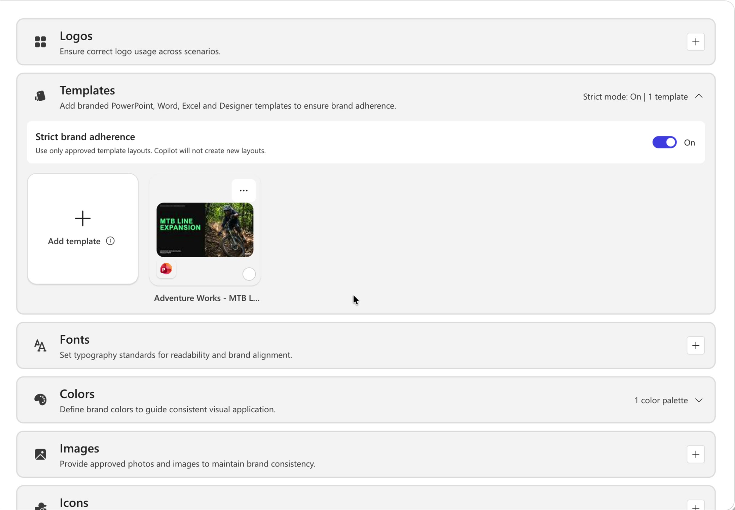 Screenshot that shows the Strict brand adherence toggle in the Templates section of a Brand Kit.