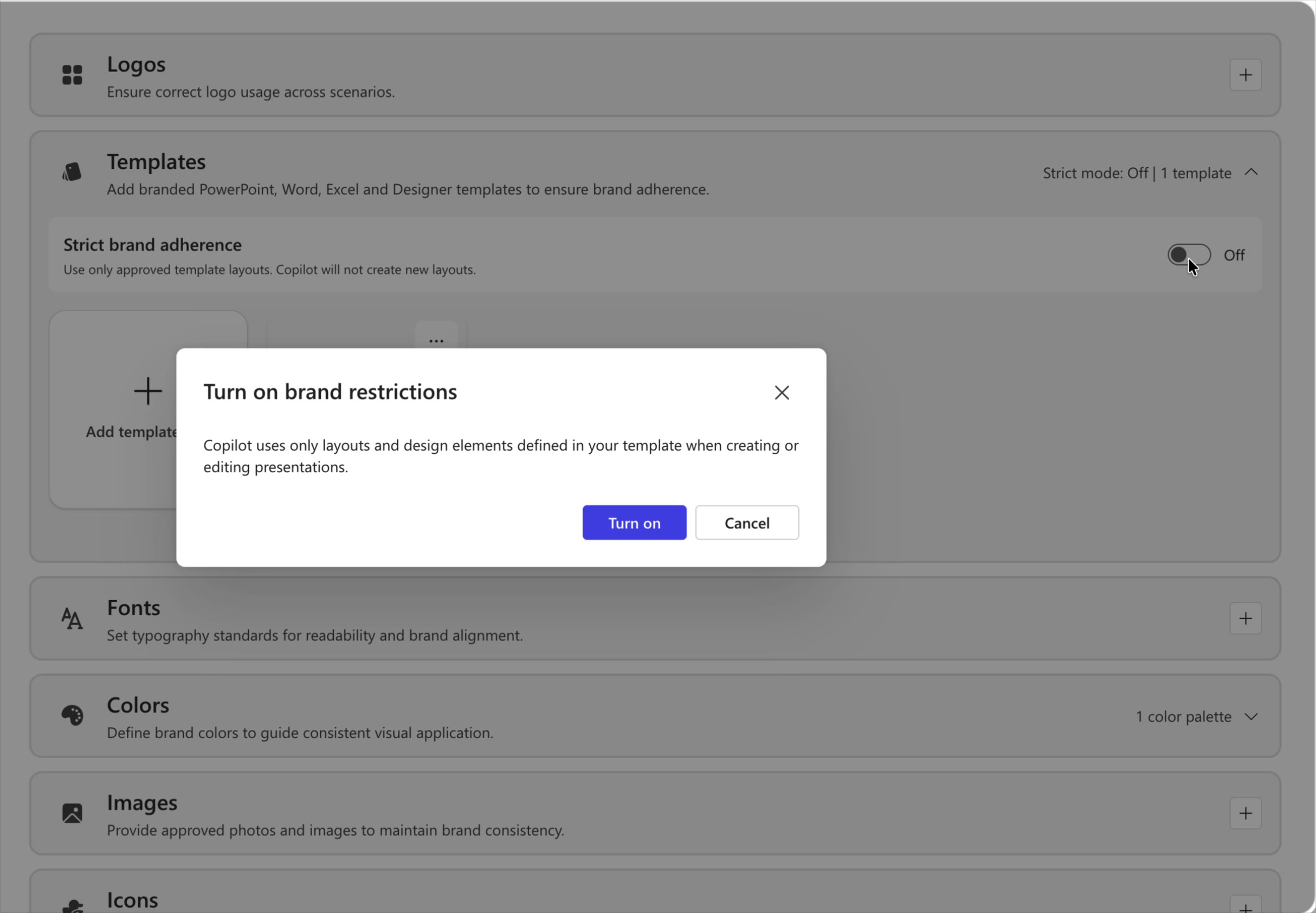 Screenshot that shows the Turn on brand restrictions confirmation dialog.