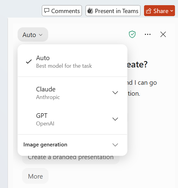 Screenshot that shows the AI model selector in Copilot Chat.