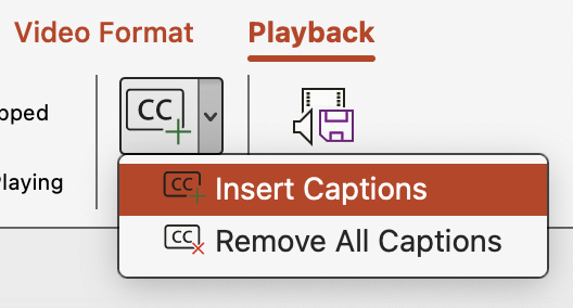 Screenshot showing the insert captions for a video in PowerPoint.