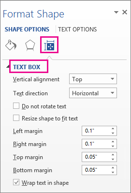 Screenshot showing the text box options in the Format Shape pane.