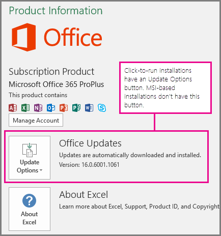 Screenshot showing the click-to-run installations have an Update Options button on the Account page. MSI-based installations dont have this button.