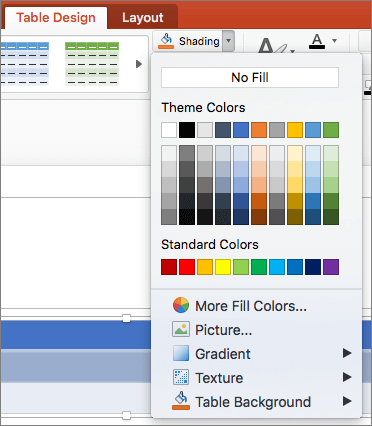 Screenshot shows the Table Design tab where the Shading drop-down arrow is selected to show available options including No Fill, Theme Colors, Standard Colors, More Fill Colors, Picture, Gradient, Texture, and Table Background.