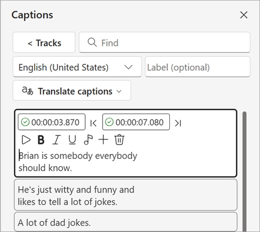 Screenshot showing editing the text cues in a captions track in the Captions pane.
