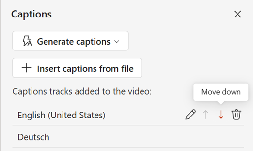 Screenshot showing the move down button for a captions track in the Captions pane.