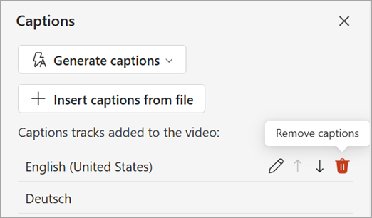 Screenshot showing remove captions button for a captions track in the Captions pane.