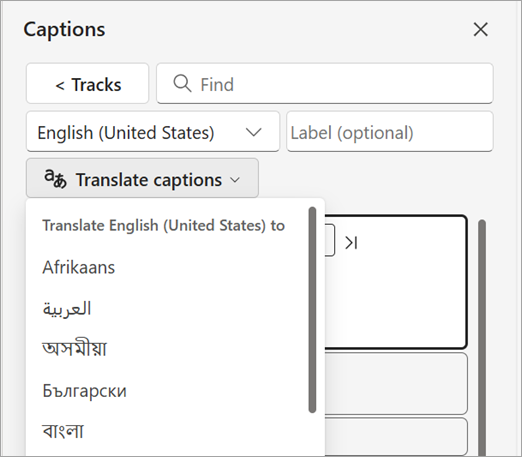 Screenshot showing the translate captions dropdown in the Captions pane.