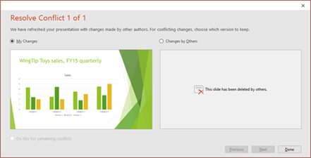 Screenshot showing the PowerPoint Collaboration Screen with resolve conflict window