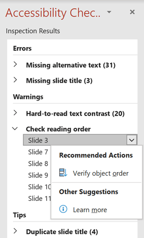 Screenshot showing Under Recommended Actions, select Verify object order.