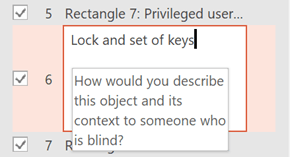 Screenshot showing how to type an alt text description for the object that needs it.