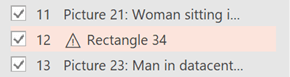 Warning symbol next to Rectangle 34 in the Reading Order pane