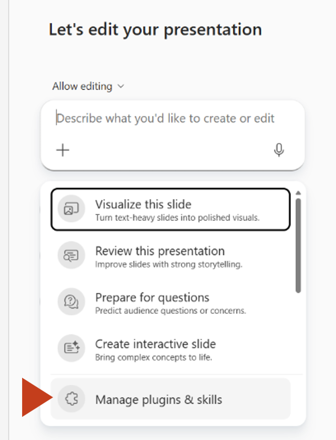 Screenshot that shows selecting Manage plugins and skills from the plus menu in the Copilot pane.