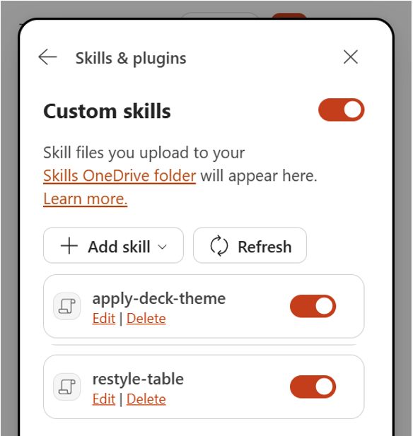 Screenshot that shows managing recorded custom skills in Copilot in PowerPoint.
