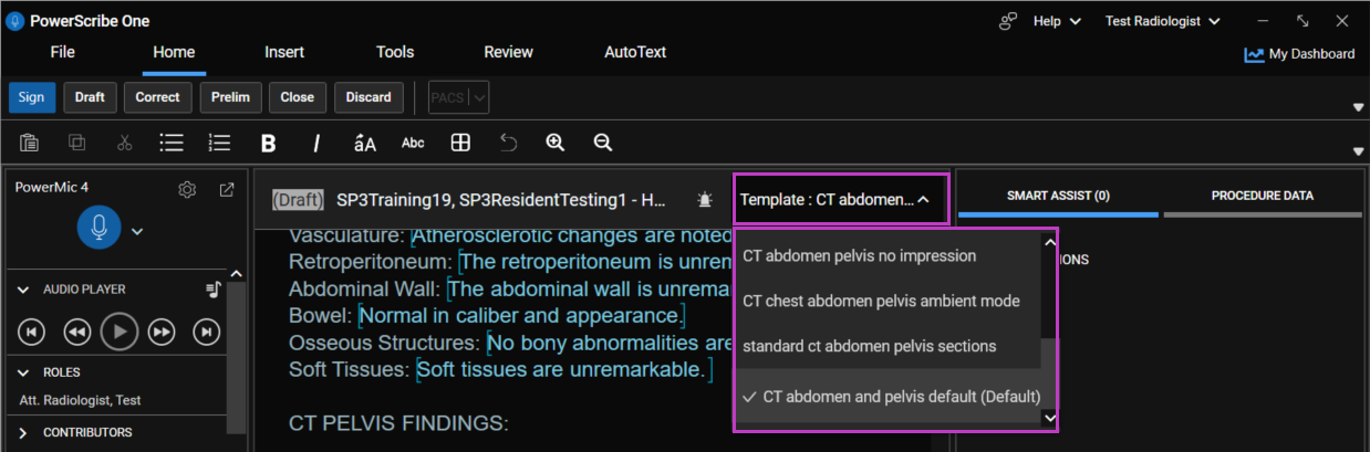 Image highlighting the default template dropdown and the templates available.