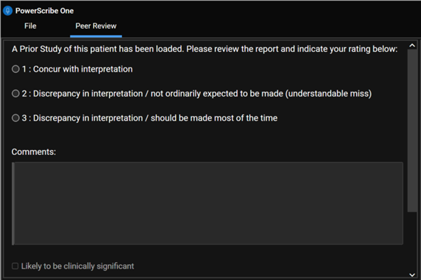 Screenshot that shows the Peer Review rating options in PowerScribe One.