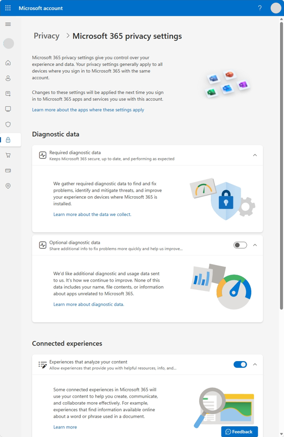 A Microsoft 365 privacy settings page with options to control diagnostic data and connected experiences.